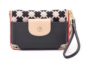 Spartina 449 Leather Linen Multi Phone Removable Crossbody Wallet Purse Checked - Picture 1 of 9