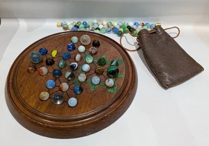 Antique Mahogany Solitaire Board With Assorted Marbles And Leather Marble Bag - Picture 1 of 11