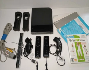 Black RVL-001 Wii Console W/ Two Motion Plus Controllers - Missing Power Cable - Picture 1 of 17