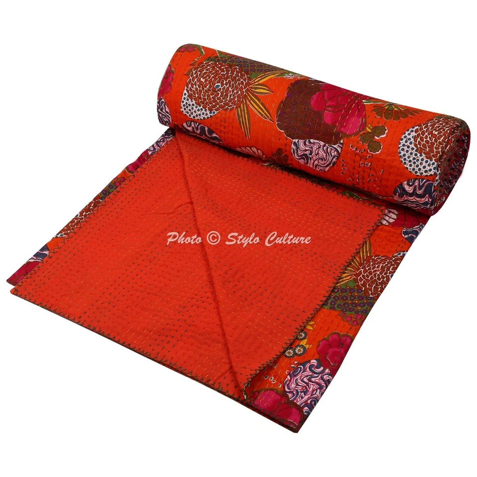Queen Kantha Edredón MultiFloral Colcha India Manta Reversible Ropa de Cama Tiro - Imagen 1 de 1
