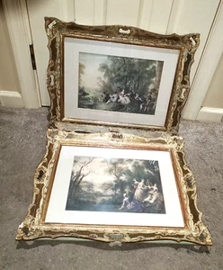 set of 2 antique wooden gold ornate picture frames w/ art prints le printemps - Picture 1 of 16
