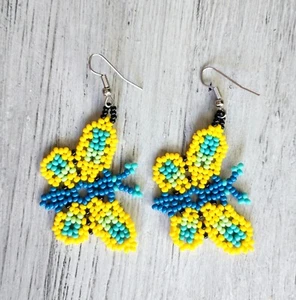 Handmade Seed Bead Bohemian Butterfly Earrings Arete Huichol Beaded  - Picture 1 of 4
