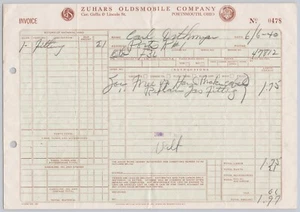 1940 Portsmouth, Ohio Zuhars Oldsmobile Company Receipt for Services Full Page - Picture 1 of 2
