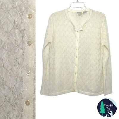 Vintage 70s Terry Turner Crocheted Cardigan Large Ivory Button-up Chiffon Lined - Image 1 of 4