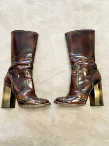 Dolce & Gabbana Distressed Leather Mid Calf Brown Boots Bronze Heel Size 10 - Picture 1 of 9