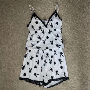 Super Cute Playboy Bunny Logo Lounge Set Pajamas Black White Size M Crop Top - Picture 1 of 4