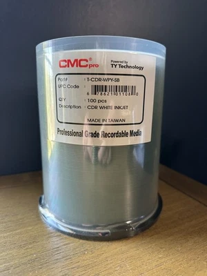 100 CMC Pro Taiyo Yuden 52X CD-R Clear Hub White Inkjet Printable Media - Image 1 of 3