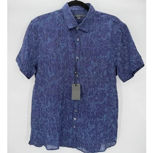 NWT John Varvatos Men's Blue Linen Abstract Short Sleeve Button Up Shirt - Picture 1 of 12