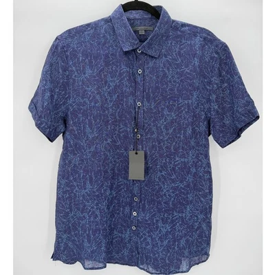 NWT John Varvatos Men's Blue Linen Abstract Short Sleeve Button Up Shirt - Image 1 of 4