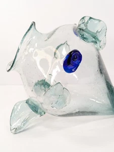 Blenko Style Art Glass Open-Mouth Fish Bowl Vase 8-1/2" Tall Dark Blue Eyes - Picture 1 of 8