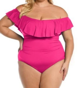 La Blanca Women’s Plus Off Shoulder Ruffle One Piece Swimsuit Pop Pink, 20W - Picture 1 of 2