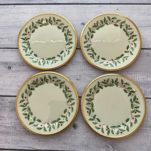 Lenox Holiday Dimension Bread Butter Plates Set Of 4 Holly Berries Gold Trim #1 - Picture 1 of 11