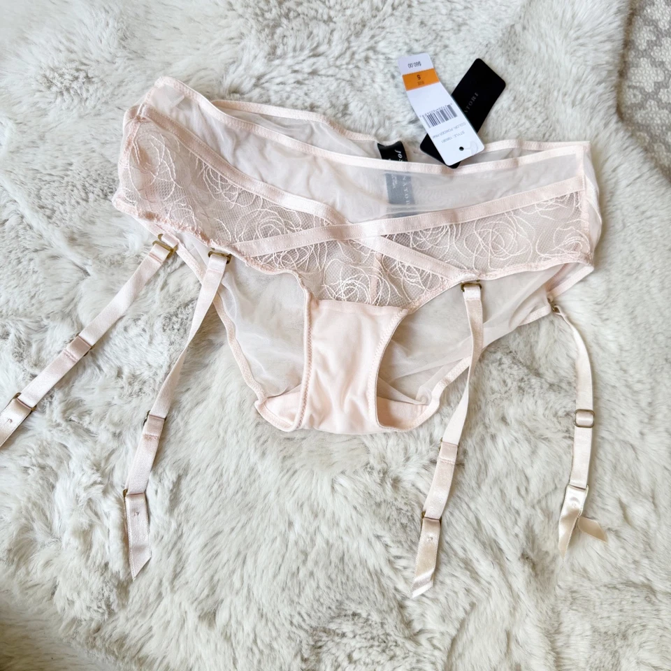 全新带标签 Natori 粉粉色花边装饰吊袜带高腰内裤 S 码 — 第 1/4 张图片