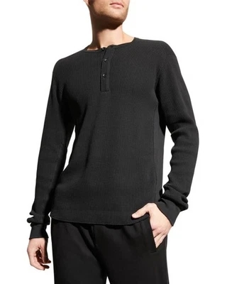 Rag & Bone Sz M Mens Devon Cotton Black Waffle Henley Shirt Pullover Side Panels - Image 1 of 4