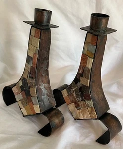 EILON MOSAICS Hammered Copper Holy Land Stone Candlesticks Shabbat 7”x5" Israel - Picture 1 of 11