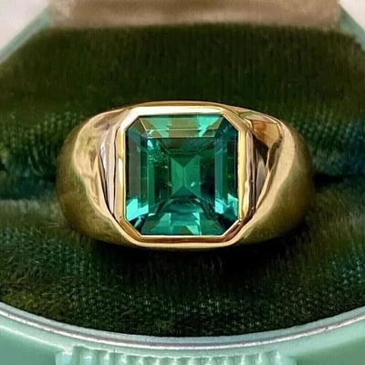 Anillo Esmeralda Verde Cultivado en Laboratorio Corte Esmeralda Para Hombre Oro Amarillo Sólido 14K Certificado Foto 1 de 4