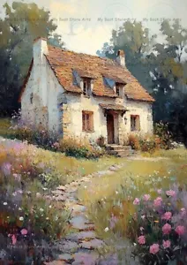 COTTAGE FLORAL LANDSCAPE ART PRINT, Rustic Home Wall Decor, Stone House Poster - Picture 1 of 2