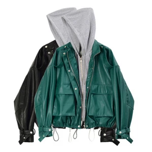 Ladies Faux Leather Drop Shoulder Loose Jacket Oversized Mock Hoodie Coat Casual - Picture 1 of 14