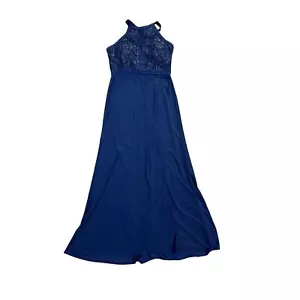 Nightway Women's Navy Petite Lace-Trim Illusion Sequin Cut Out Halter Gown - 12P - Picture 1 of 11