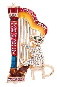 Enamel CAT Harp BROOCH Red SPARKLY Fab PRETTY Glam VINTAGE STYLE - Picture 1 of 11