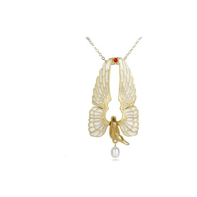 White Freshwater Cultured Pearl Enamel Swan Wings Necklace 18 inch - Image 1 of 4