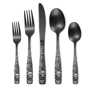 Pattern Matte Silverware Set for 8,40 Piece Gothic Black Flatware set,Skeleto... - Picture 1 of 9