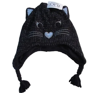 Childrens Winter Hat Black Beanie Girls Sz S/M Cat Earflap Cap Knitted 4-7 Years - Picture 1 of 3