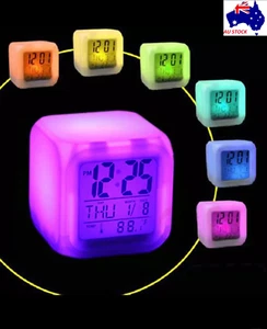 7 Colors Changing Digital Clock Temperature Light Cube Desk Kids Wake Up Alarm - Picture 1 of 5