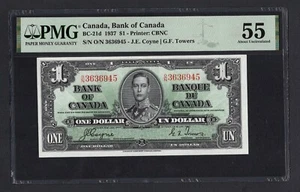 Canada One Dollar 1937 BC-21d About Uncirculated - Picture 1 of 2