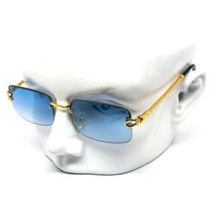 Rimless Rectangle Sunglasses Blue Lens Gold Frame Men's Fashion Hip Hop Classic - Picture 1 of 3