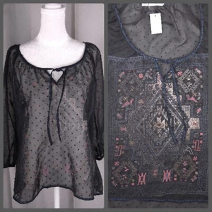 Womens Top Medium Black Sheer Swiss Dot Blouse with Faint Print Tribal Retro NEW - Picture 1 of 11