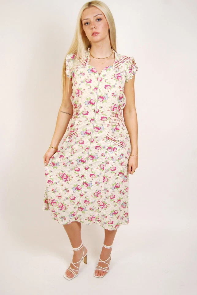 Vestido con Cremallera Años 50 (L) Grande Floral Vintage Midi Verde Rosa Informal Sweetheart Lindo Foto 1 de 4