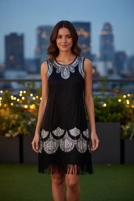 Vestido Flapper años 20 forrado negro plata secuencia XL lápiz  Foto 1 de 4