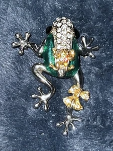 Frog Toad with Bow Rhinestone Pendant Brooch Silver Tone *read - Picture 1 of 6
