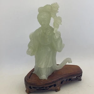 Vintage Chinese Carved Jade Guanyin Quan Yin (Chips/Breaks) Wooden Base - Picture 1 of 20