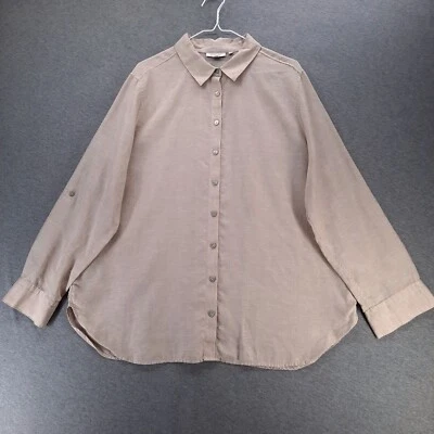 Blusa Chico's para mujer 3 EE. UU. 16 beige blanco a rayas manga larga lengüeta enrollable 100 % lino Foto 1 de 4