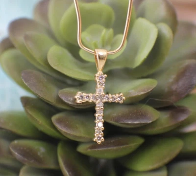 Твердый 10K желтое золото бриллиант крест подвеска блестящий первое причастие - Изображение 1 из 4