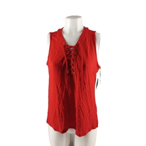NWT INC Linen Blend Top Petite LARGE Lace Henley Red Woven Sleeveless - Picture 1 of 11