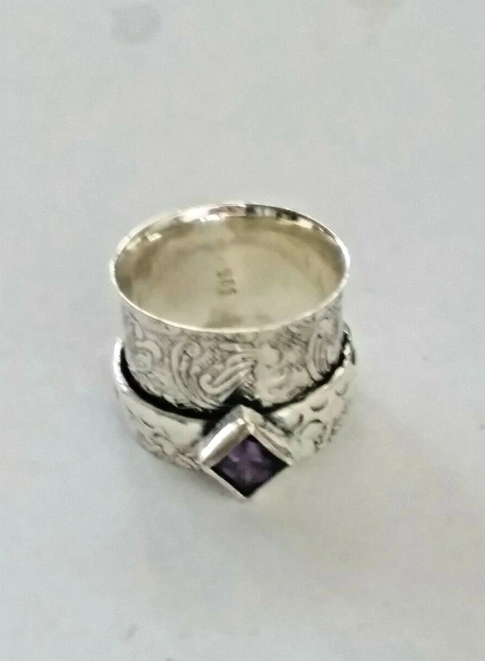 ANILLO GIRATORIO BANDA ANCHA HECHO A MANO AMATISTA PLATEADO .925 MS50 TALLA 7 Foto 1 de 1