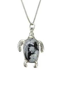 Vintage Turtle Pendant Necklace Snowflake Obsidian Stone Chain Sterling Silver - Picture 1 of 12