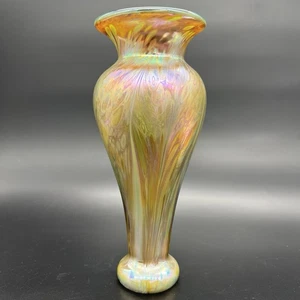Vintage Iridescent Art Glass Vase Gold Purple Pink Green Luster Signed Fiske ‘81 - Picture 1 of 21