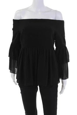 Top Babydoll Rachel Zoe para mujer cuello redondo manga larga con volantes negro talla 12 Foto 1 de 4