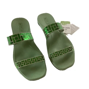 Oncai Slides Womens Size 11 Green Metallic Strappy Sandals New - Picture 1 of 9