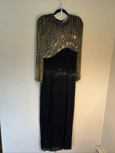 Black Tie Oleg Cassini 10 100 % Seide Vintage schwere Perlen Fransen Maxikleid - Bild 1 von 11