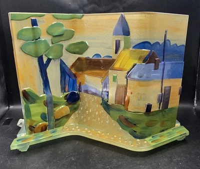Handpainted Fused Glass Village Scene 2 Light Table Lamp Light - Image 1 of 4