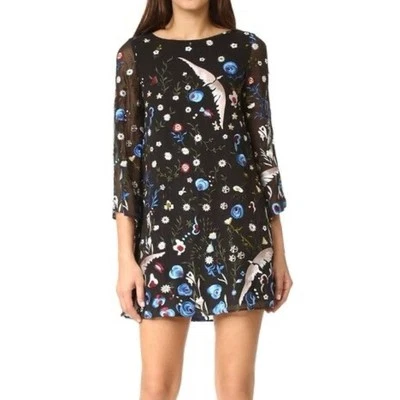 Alice + Olivia Eleonora Dress M Silk Embroidered Floral Bird Flare Sleeve Fairy - Image 1 of 4