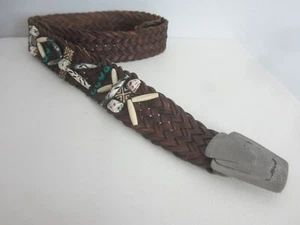 Unbranded Unisex M / L Brown Leather Woven Southwestern Belt Beaded 34" - 36" - Picture 1 of 12