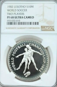 1982 LESOTHO SILVER 10 MALOTI WORLD FOOTBALL NGC PF 68 ULTRA CAMEO TOP POP 1 - Picture 1 of 3