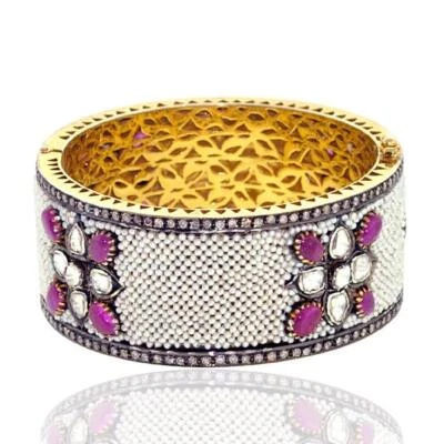 58.35ct Pearl uncut Diamond Gold Plated Bangle Bracelet 925 Sterling Silver - Image 1 of 4