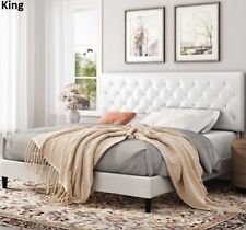 King Size Platform Slat Bed Frame Upholstered White Faux Leather with Headboard